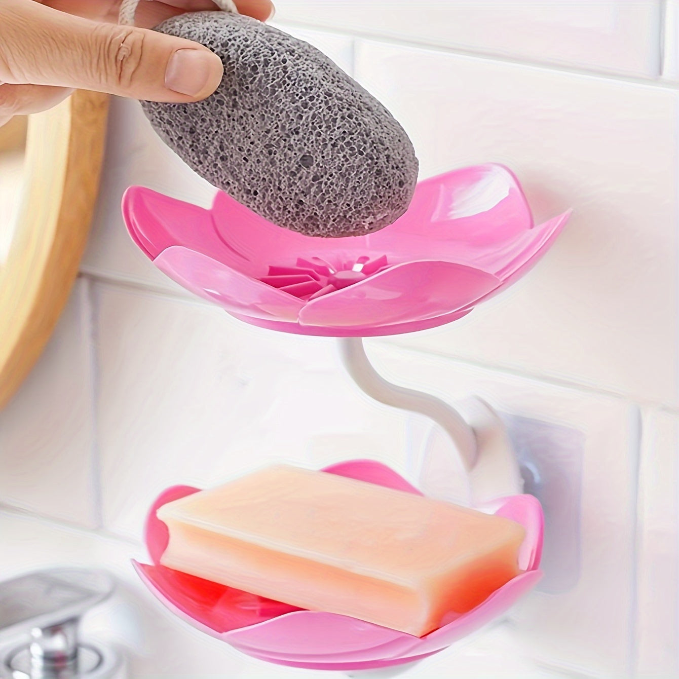Dispensador de jabón de pared en forma de flor de loto con doble capa para baño o cocina