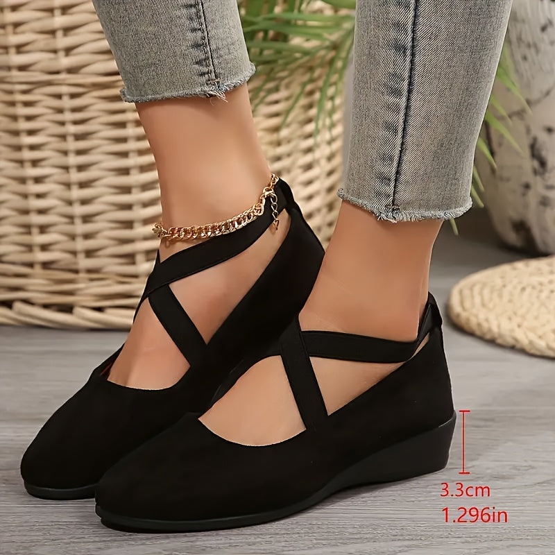Zapatos cómodos de cuña para mujer con correa elástica cruzada, slip-ons casuales