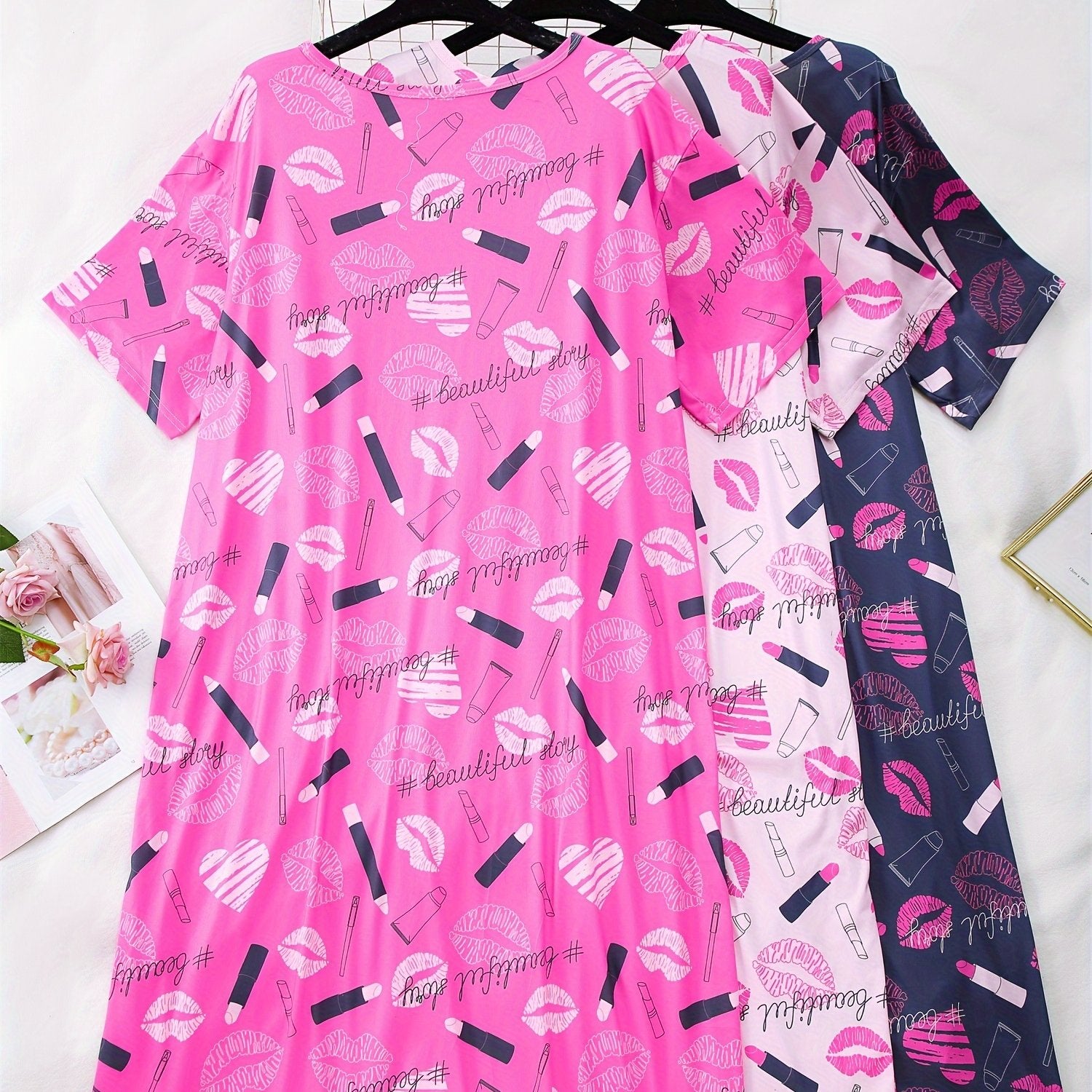 Women's Plus Size Knit Lip Print Sleep Dresses 3-Pack Short Sleeve Loungewear