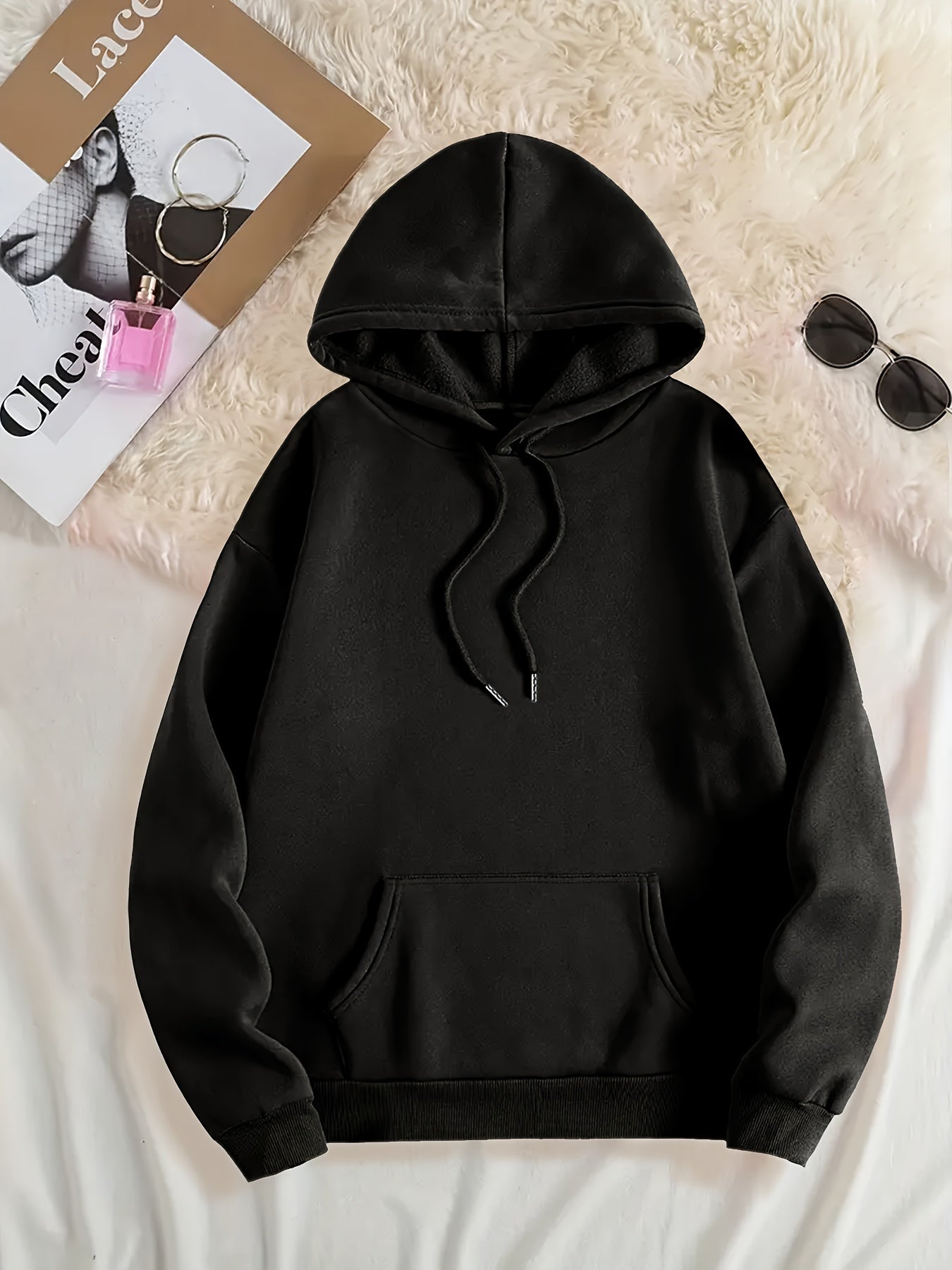 Women's Polyester Hoodie with Knit Fabric Fleece-Lined Hood Pockets Casual Winter