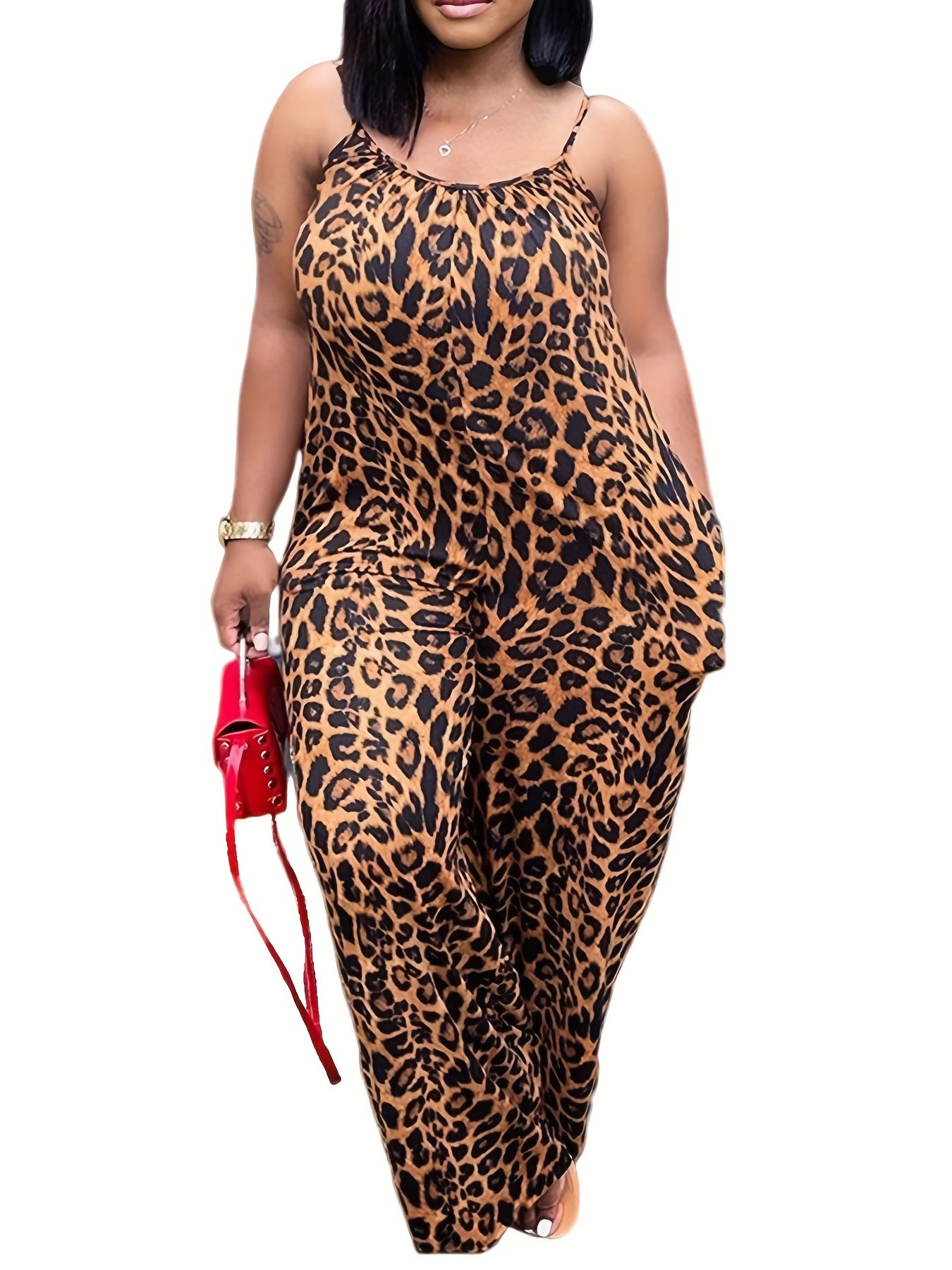 Women's Leopard Print Sleeveless Jumpsuit with Pockets, Stretchy Comfortable