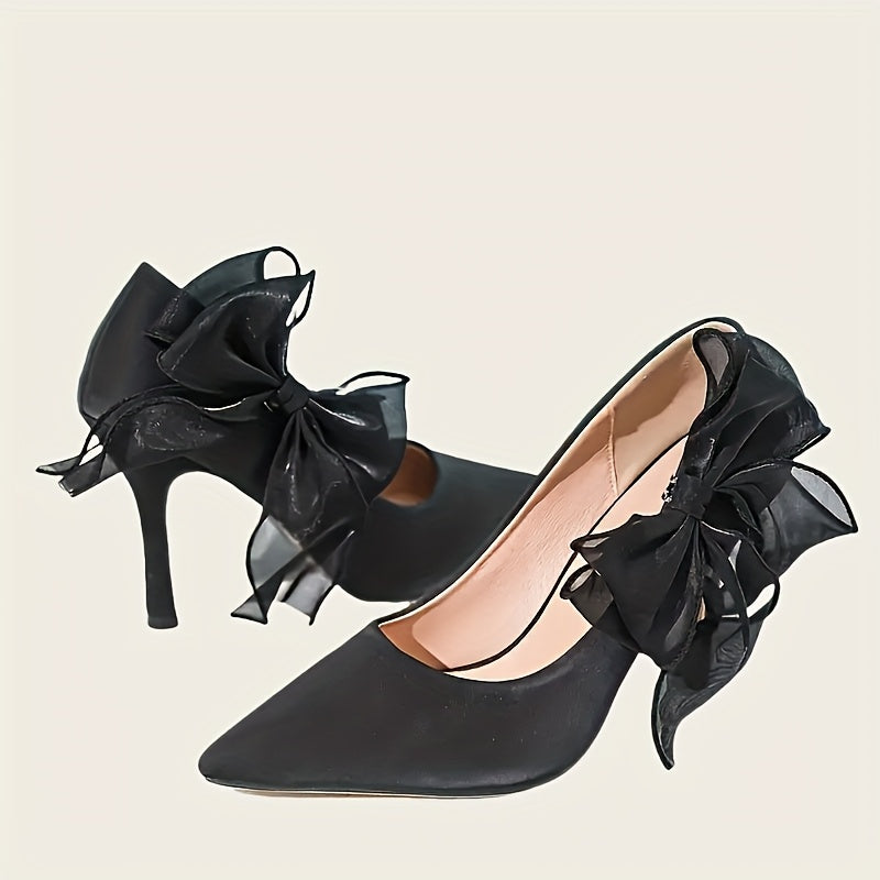 Women Black Mesh Bow Shoe Clips Set of 2 Detachable for High Heels Party Decor