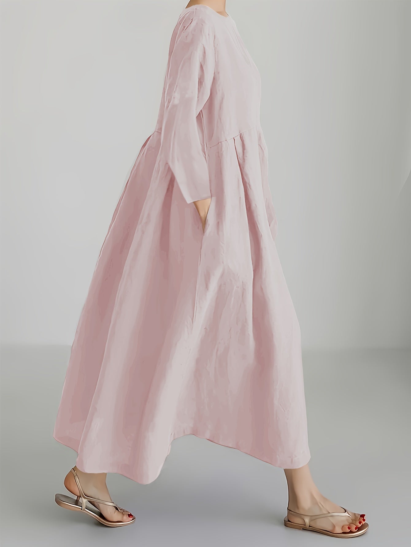 Vintage Linen Night Dress for Women Solid Color Crew Neck Long Sleeve Pockets Ruffle Hem Loose Fit