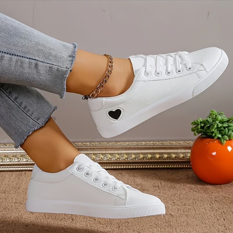 Women's White Casual Sneakers with Heart Pattern Breathable Fabric Rubber Sole