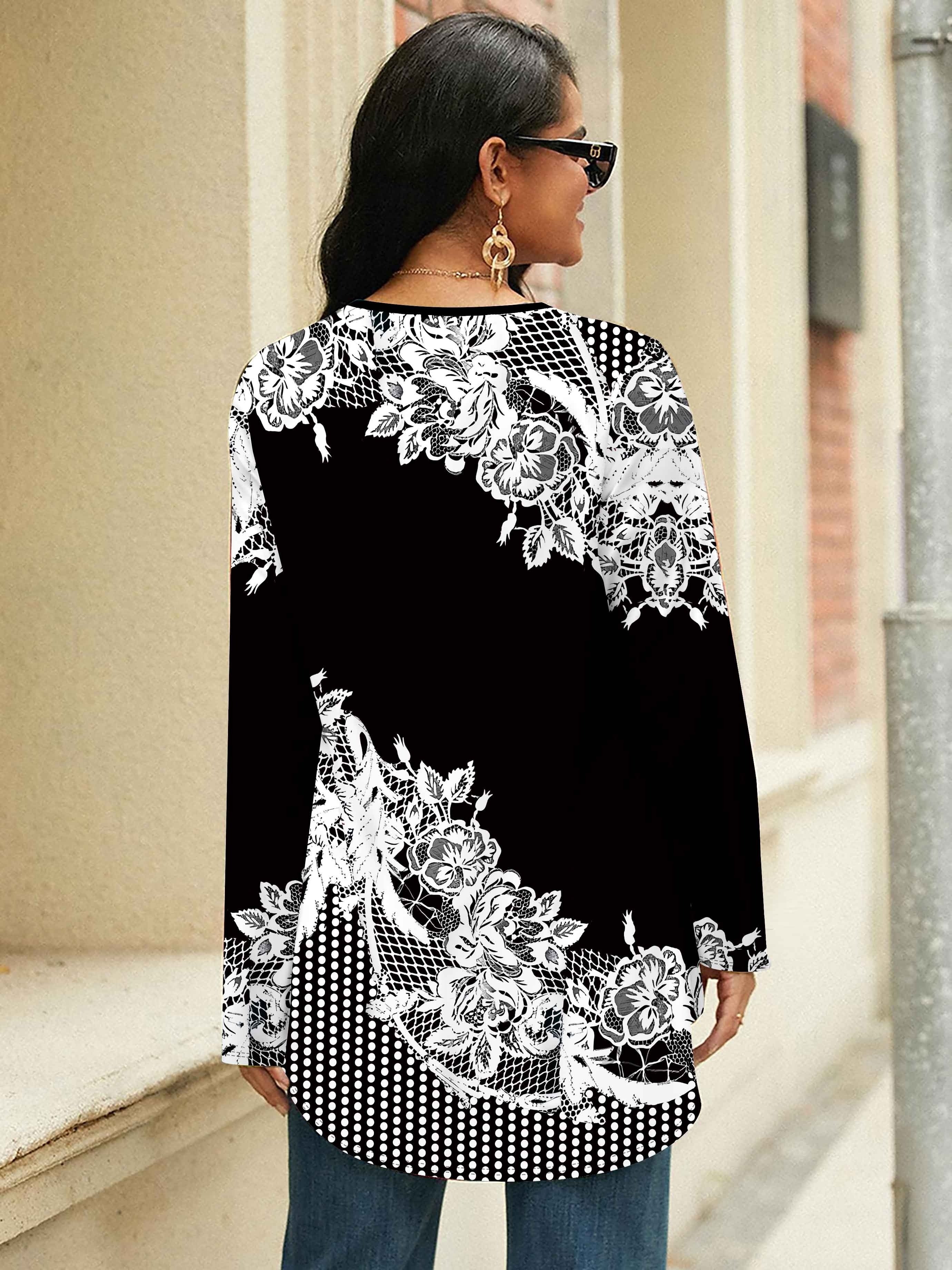 Women's Plus Size Floral Print Long Sleeve T-Shirt Crew Neck Stretchy Polyester for Spring Fall