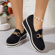Women's Black Slip-On Loafers with Gold Buckle, Comfortable Platform Shoes