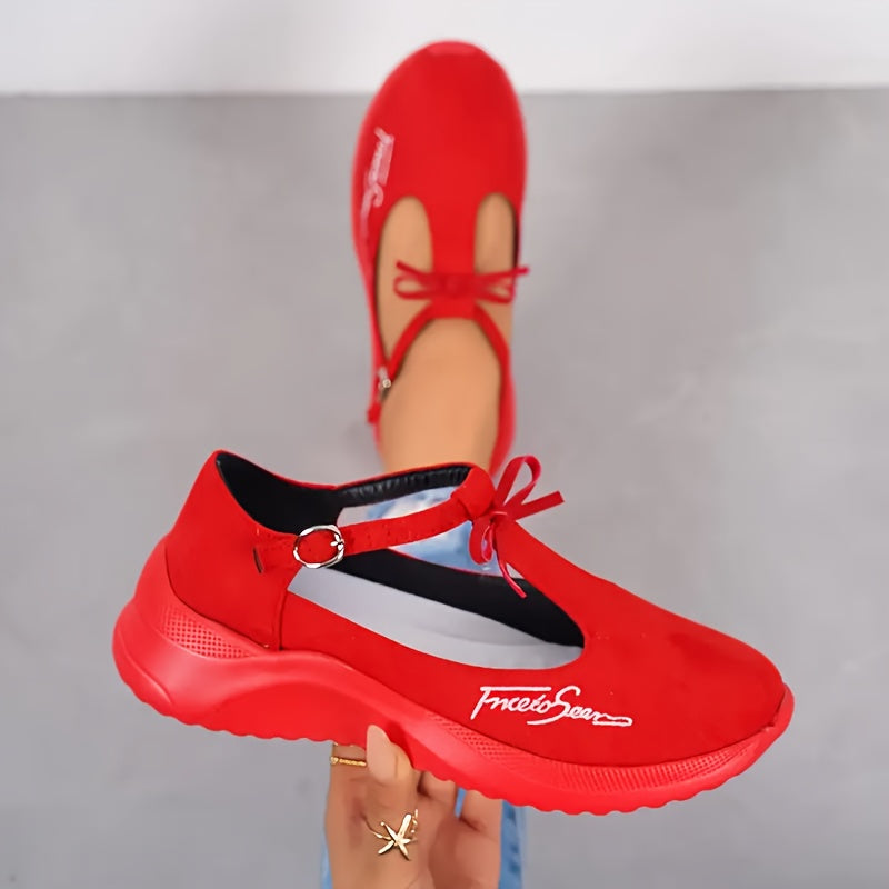 Women's Red Casual Sneakers Low-Top Ankle Strap Round Toe Soft Fabric EVA Sole