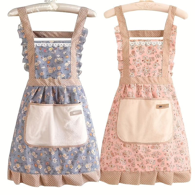 Floral Lace Princess Apron with Hand Wipe Pocket for Kitchen and Home in Pink or Green