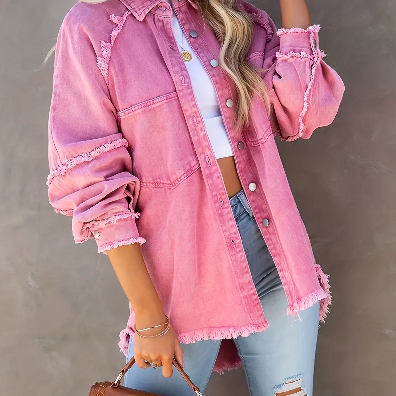 Plus Size Women's Denim Jacket Long Sleeve Button Up Fringe Trim