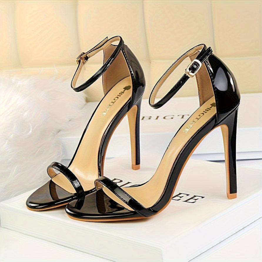 Women Black Stiletto Sandals Open Toe Ankle Strap High Heel Dress Shoes
