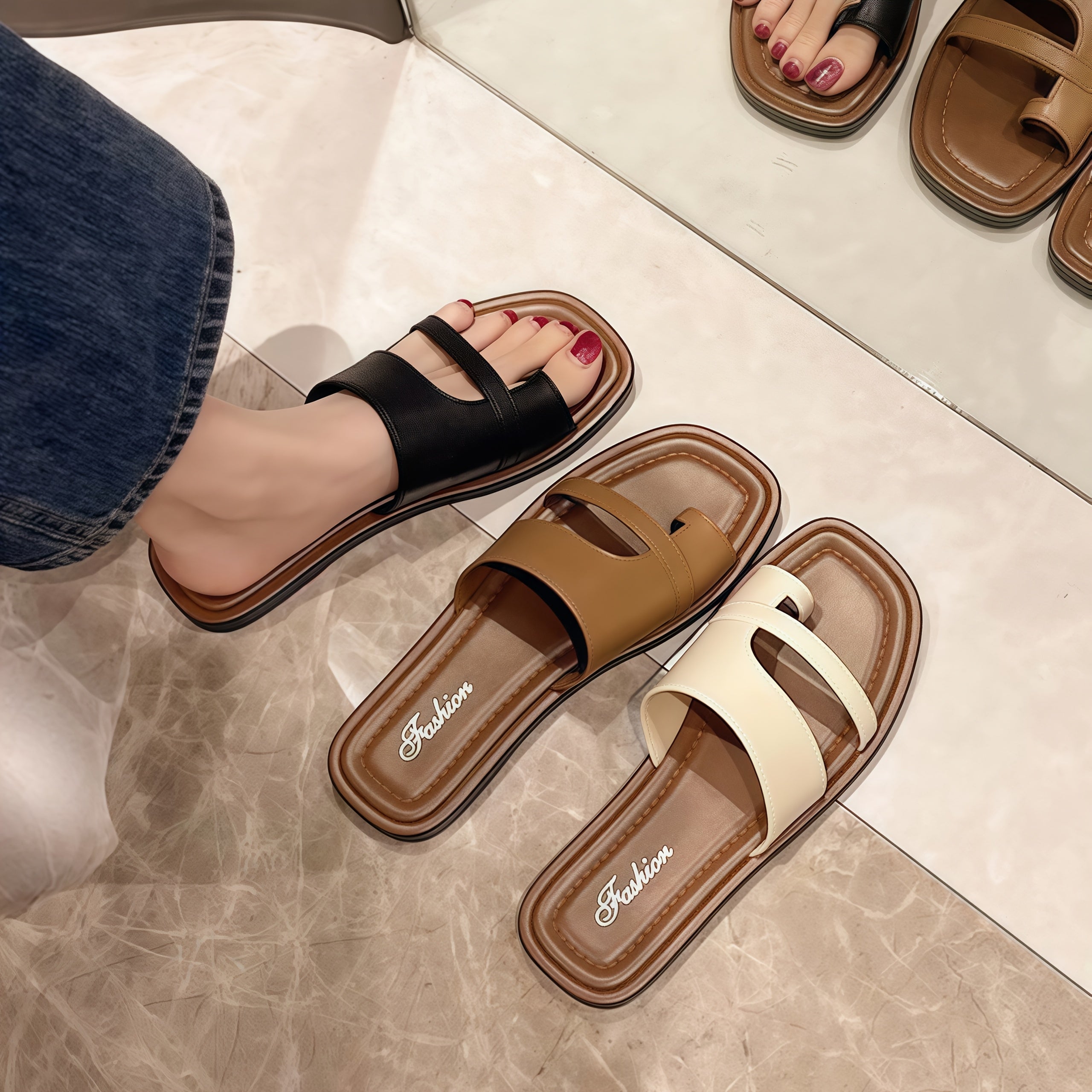 Women's Flat Sandals Open Toe Summer Slides Brown TPU Casual Beach