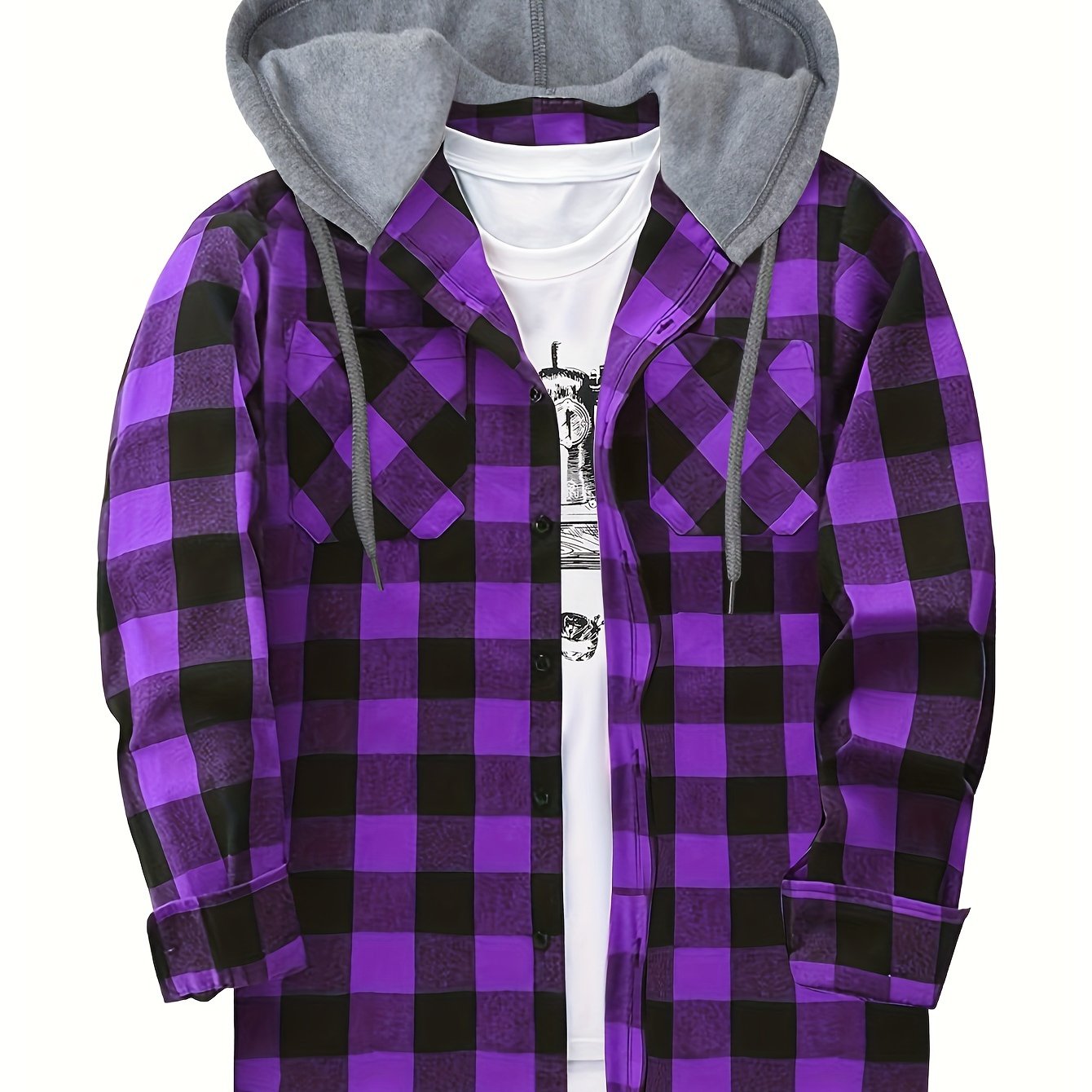 Men's Plaid Polyester Hooded Button-Up Jacket for Casual Sports Style