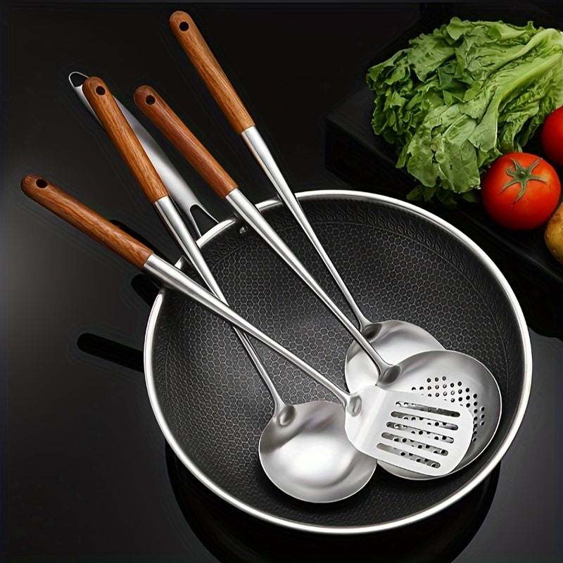 Set of 4 Stainless Steel Wok Utensils with Wooden Handles, 43cm Long, Heat-Resistant