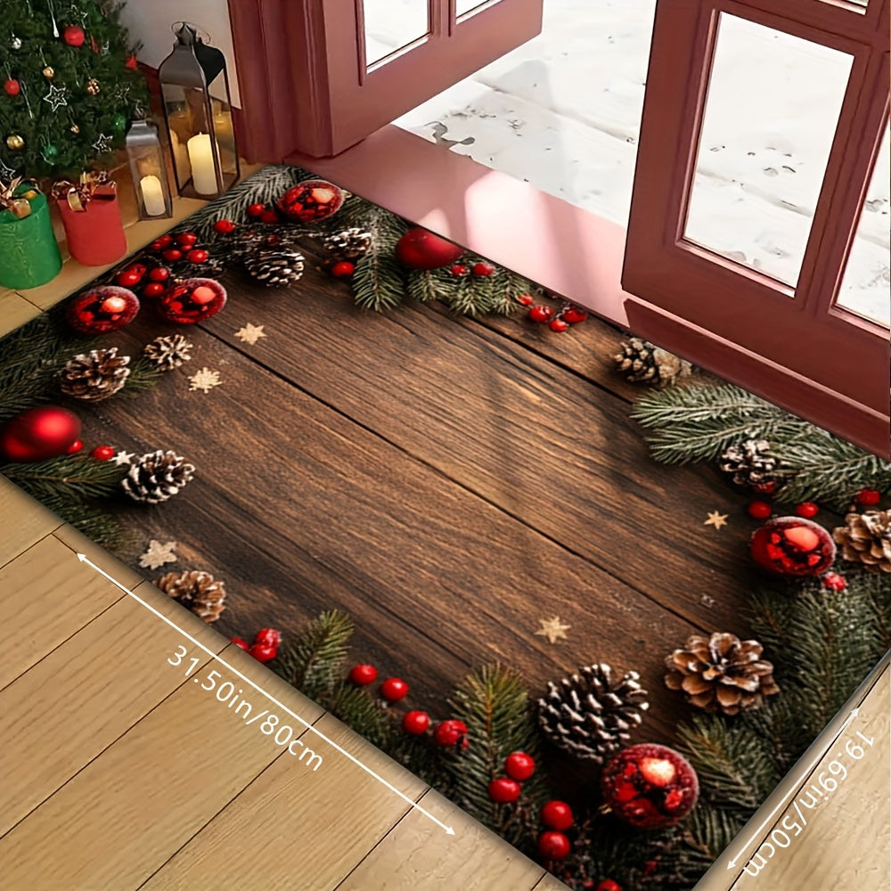 Alfombra decorativa antideslizante para las vacaciones de invierno con árboles de pino, copos de nieve y textura de madera falsa
