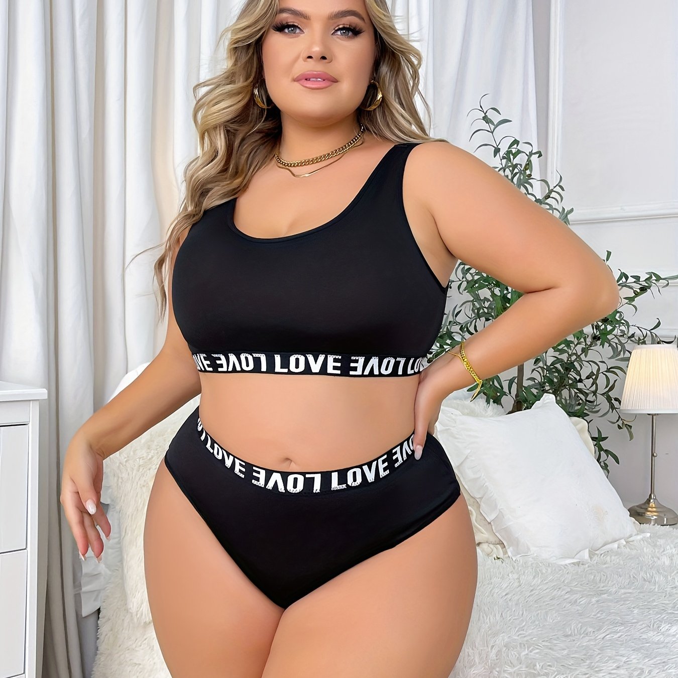 Women's Plus Size Seamless Lingerie Set with Contrast Letter Tape Polyester