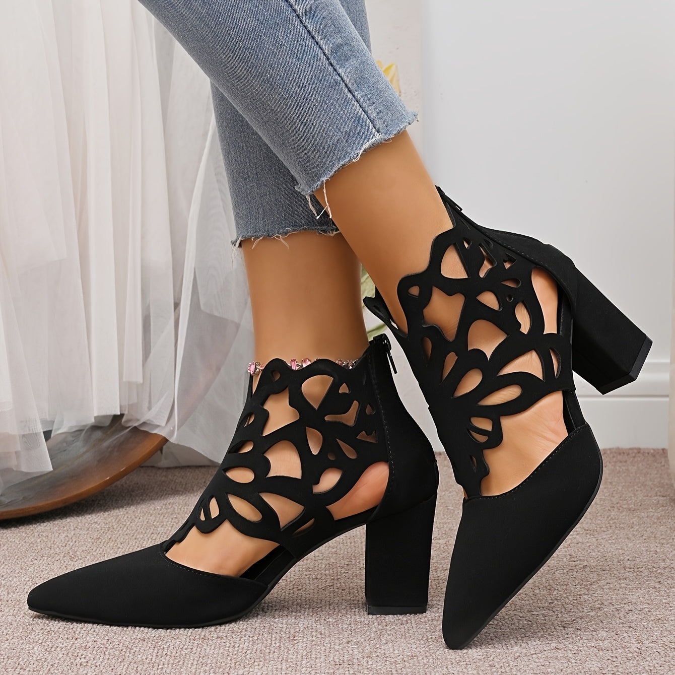 Women's Black High Heels Chunky Heel Cut-Out Butterfly Pointed Toe