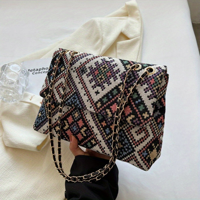 Ayollar uchun rang-barang geometrik yelka sumkasi, sozlanadigan tasma, magnit yopilishi, buklanadigan etnik uslub va polyester astar bilan.