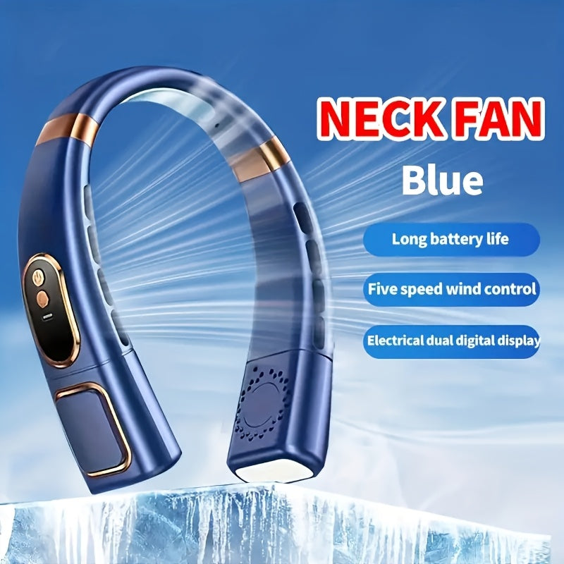 Unisex Portable Neck Fan with Digital Display 7-Color LED 5-Speed Rechargeable Battery for Travel and Sports