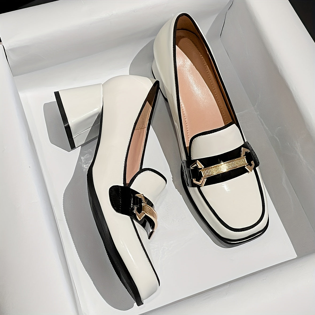 Women's Retro Square Toe High Heels Non-Slip Chunky Pumps PU Cover Rubber Sole