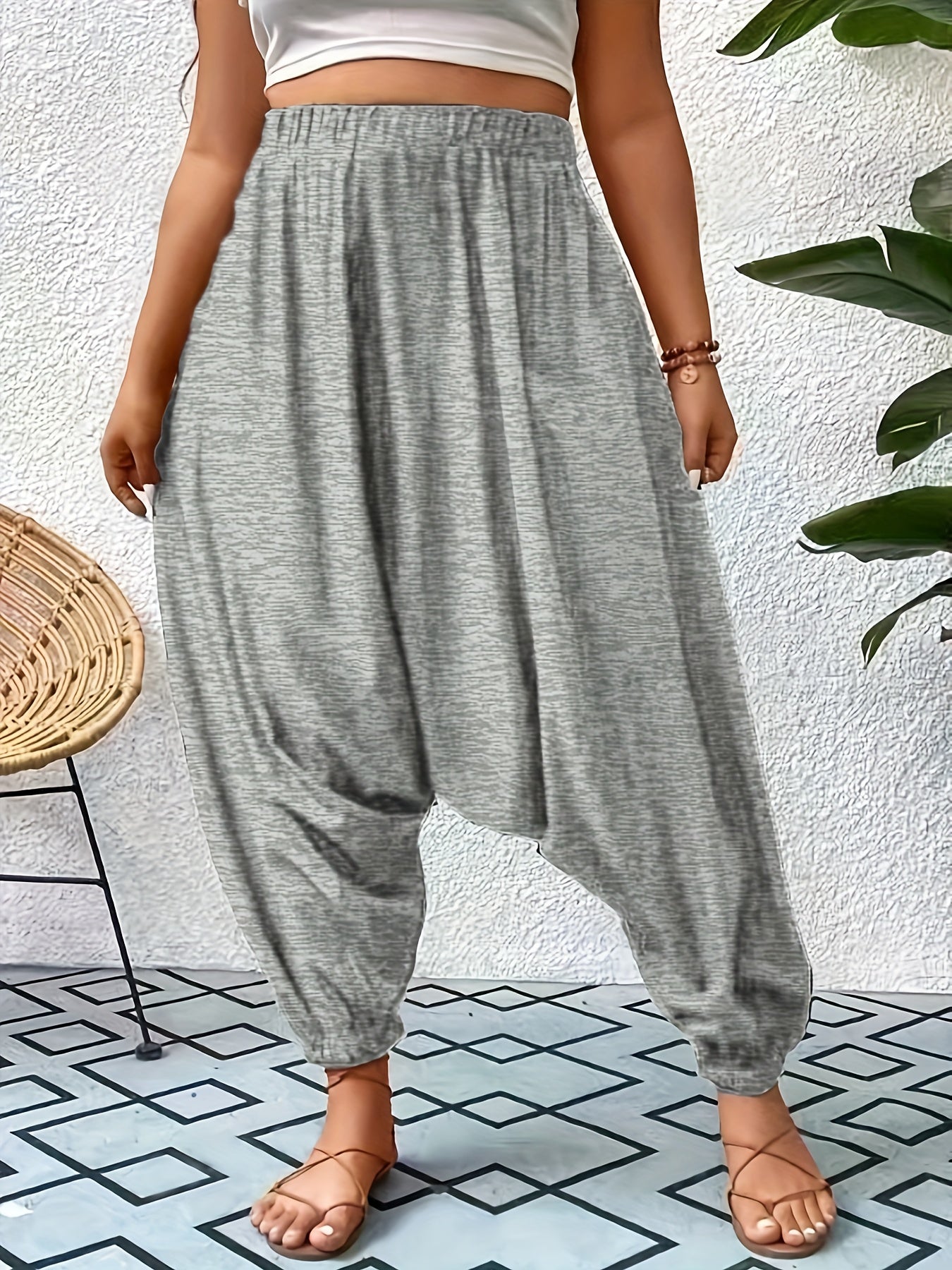 Plus Size Cotton Ruched Baggy Harem Pants for Spring and Summer Women