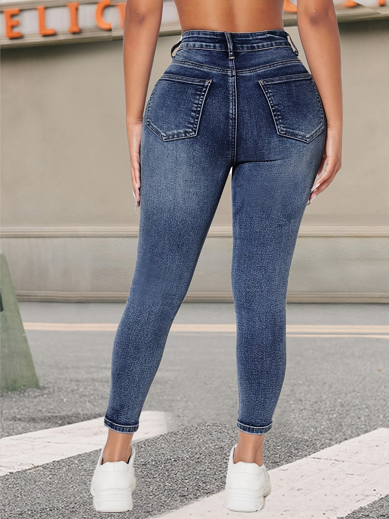 Women's Blue Stretch Skinny Jeans with Slash Pockets and High-Elastic Denim