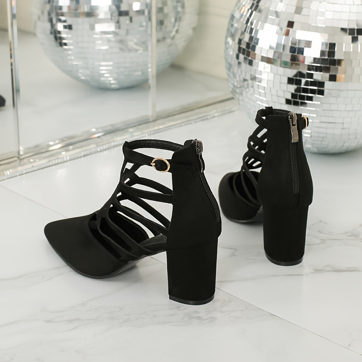 Women's Pointed Toe Pumps with Chunky Heel Breathable Solid Color Zipper