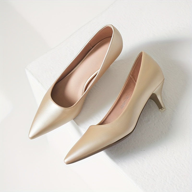 Women's Black Faux Leather Mid-Heel Pumps with Pointed Stiletto Toe and Rubber Sole