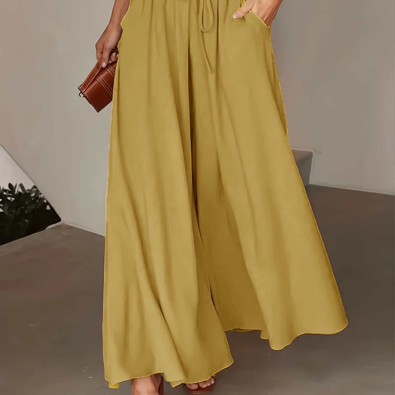 Pantalones de pierna ancha para mujer con cintura elástica y lazo para primavera y verano casual