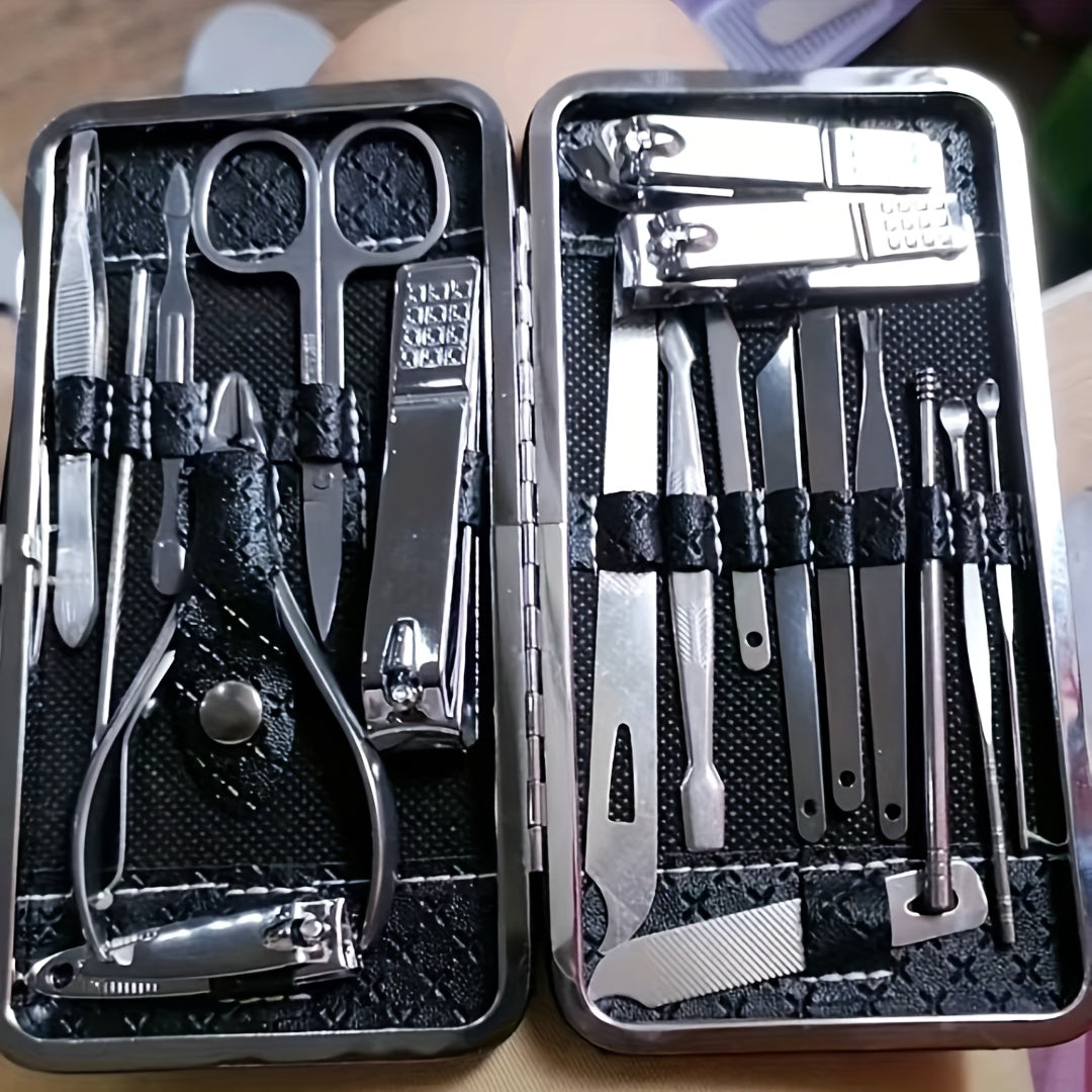 Set of 19 Stainless Steel Nail Clippers Manicure Pedicure Grooming Kit with Travel Case