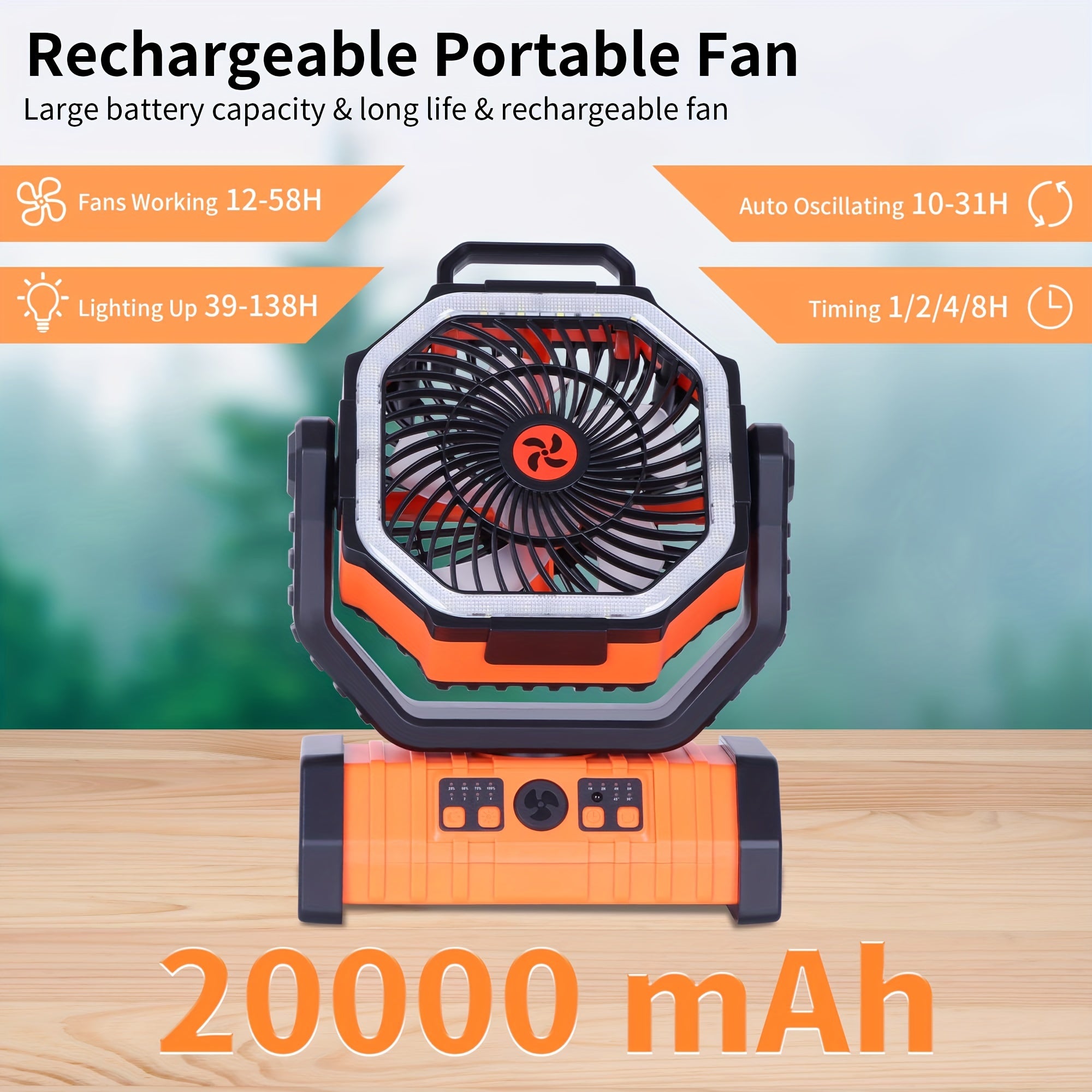 Portable Camping Fan with LED Light and 20000mAh Battery, 4-Speed, Rechargeable USB, Hexagonal Design, Orange and Black