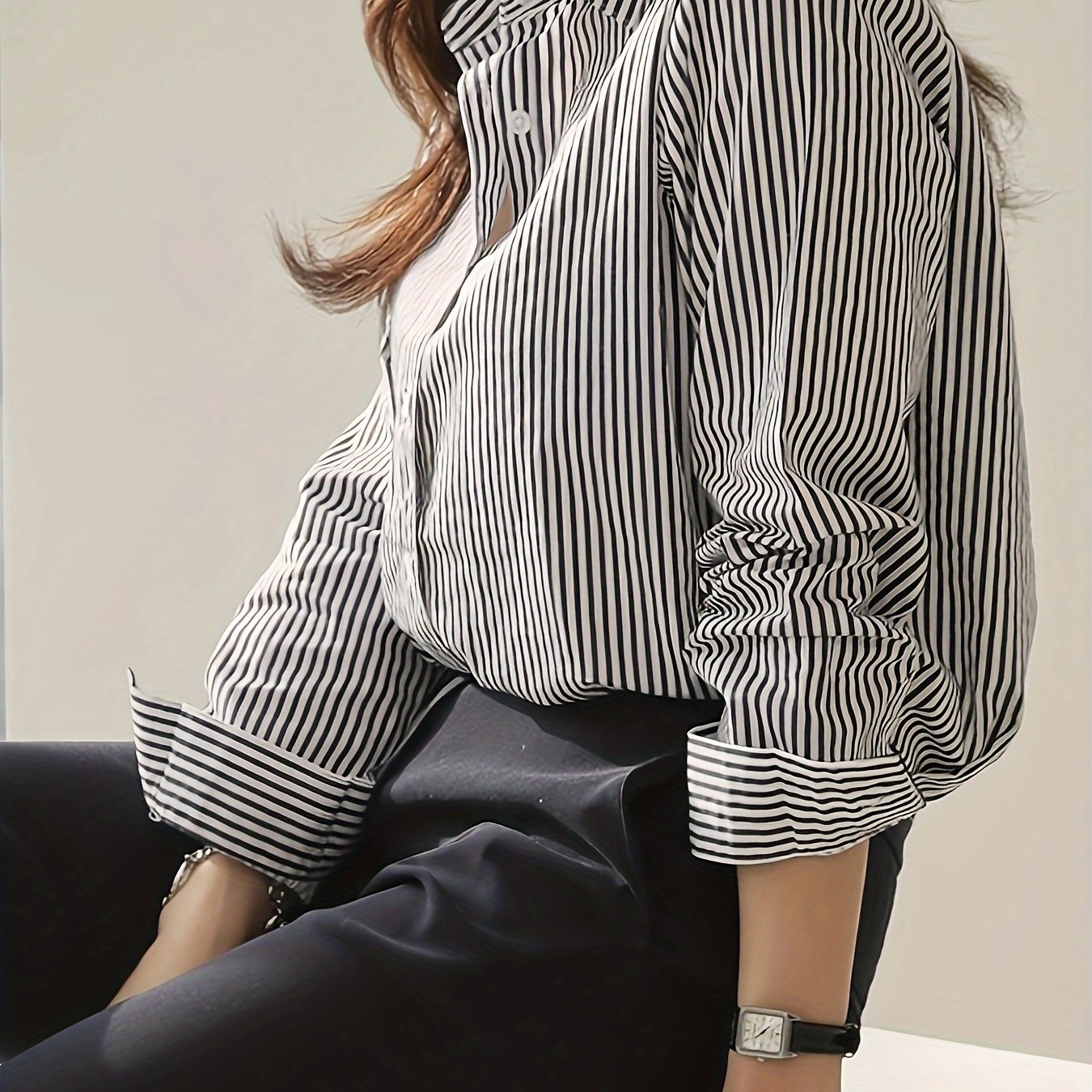 Women's Striped Button Front Long Sleeve Shirt for Spring and Fall