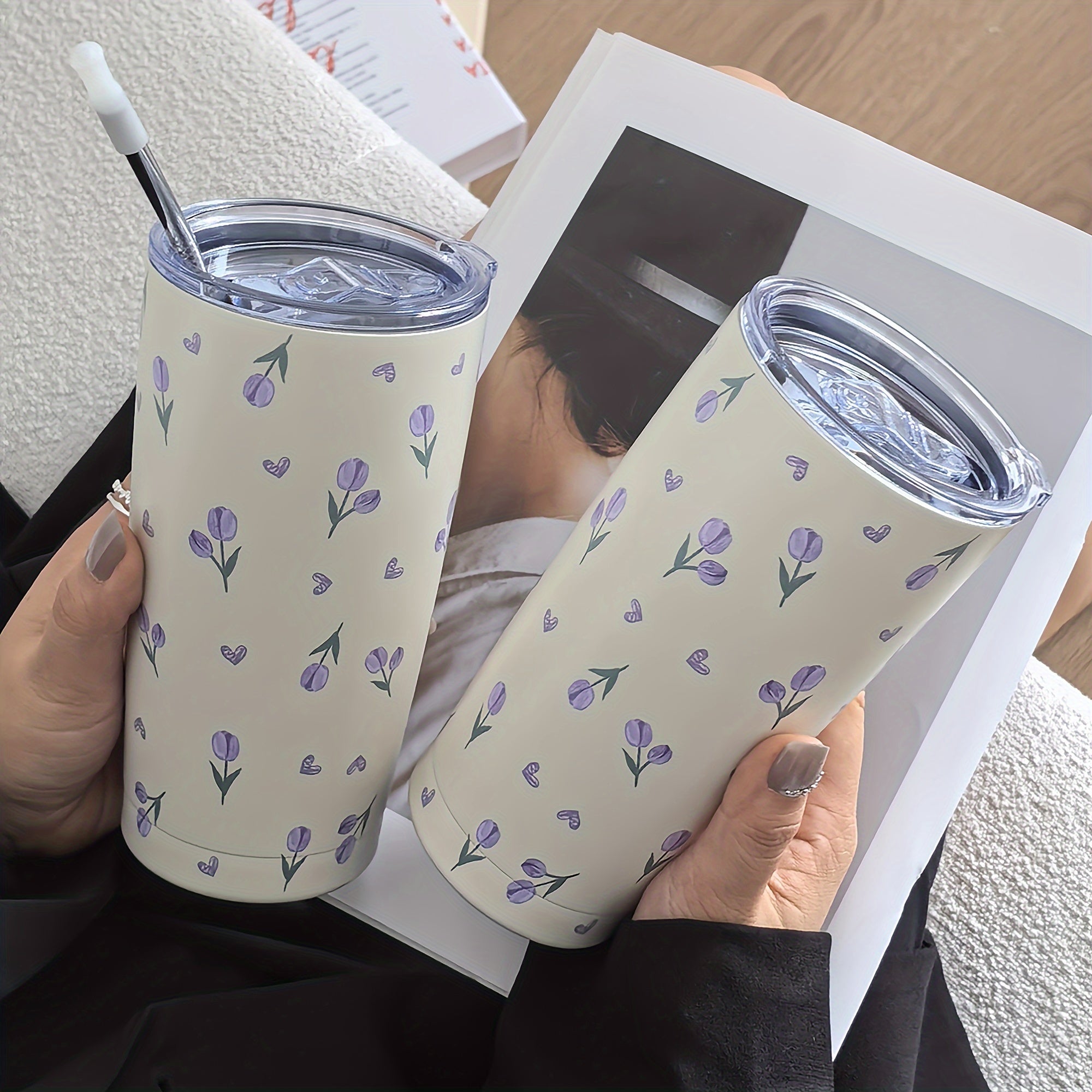 Purple Love Tulip Tumbler 16oz Double Walled Stainless Steel Water Bottle Travel Drinkware