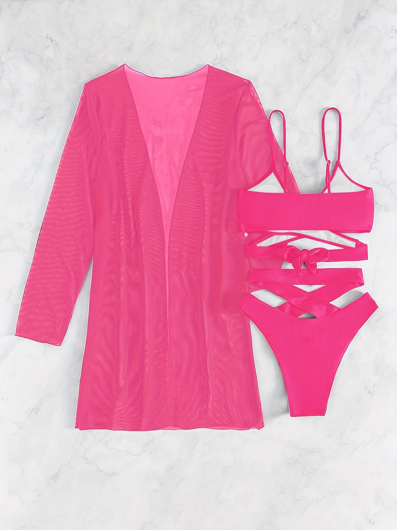 Women's V-Neck Bikini Set with High-Cut Bottoms and Long-Sleeve Cover-Up