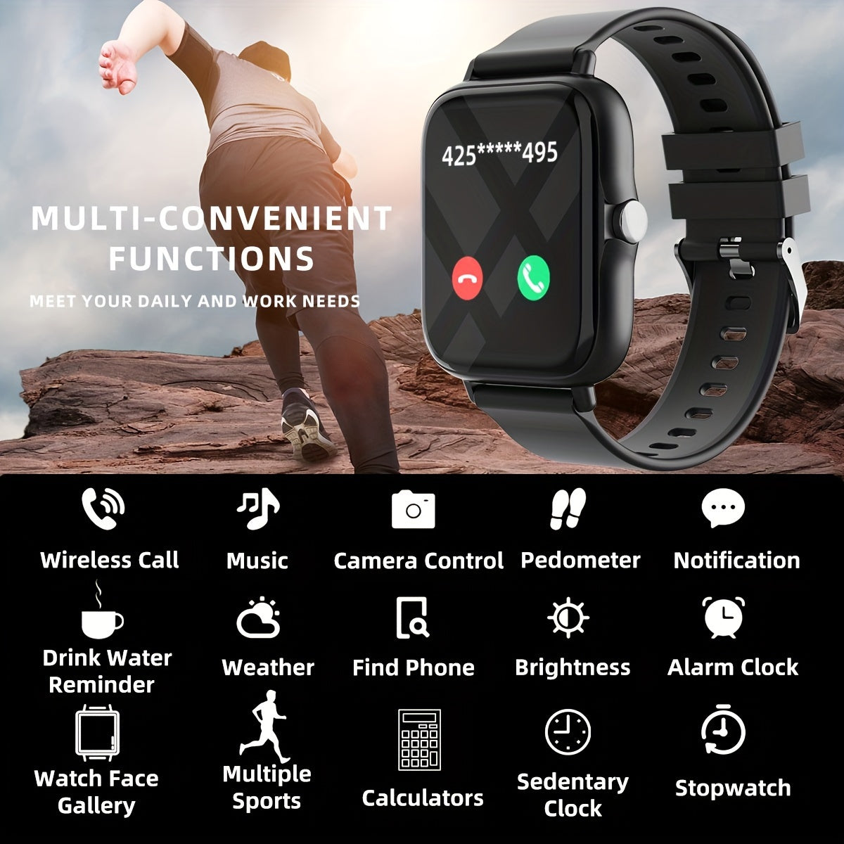 Smart Watch with 4.65cm Touch Screen Multi-Sport Modes Music Control Remote Camera Wireless Calling Pedometer for IOS