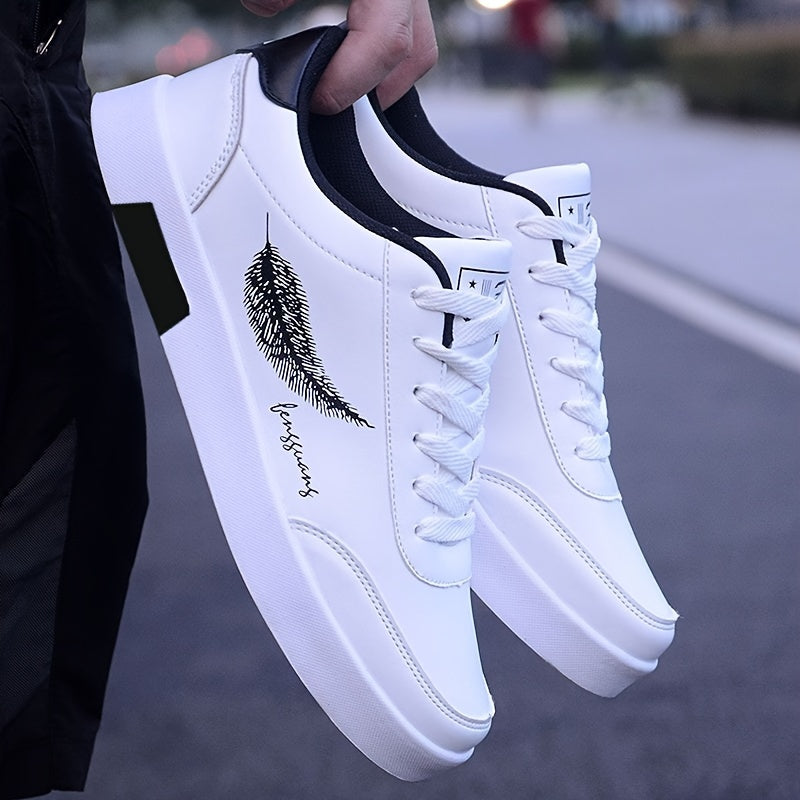 Men's White Sneakers Feather Design Non-slip Lace-up Casual Walking Jogging Travel