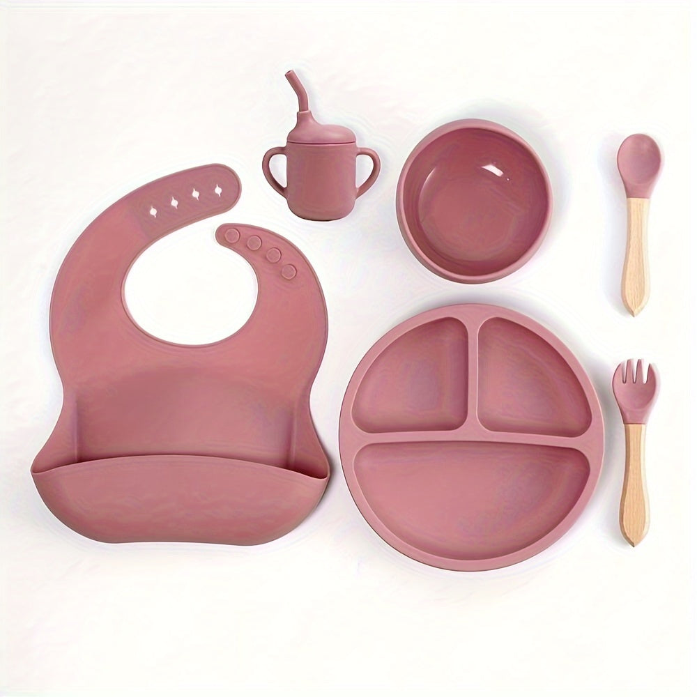 6-Piece Silicone Feeding Set with Divided Plate and Wooden Utensils for Self-Feeding