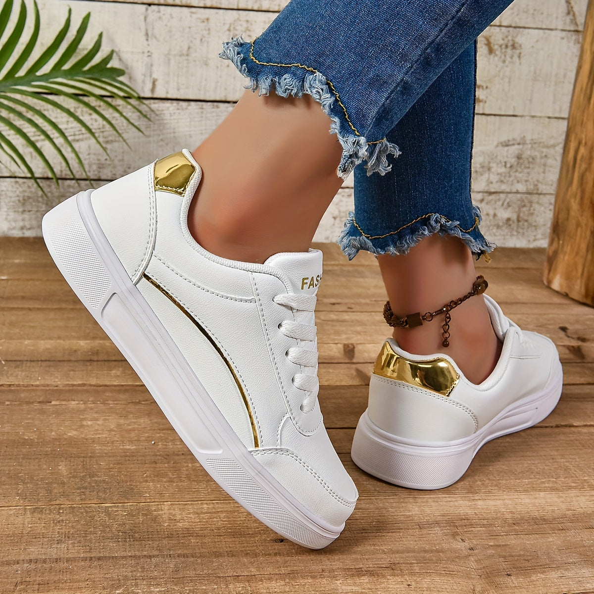 Women's White Glitter Sneakers Lightweight Lace-Up Low-Top Shoes