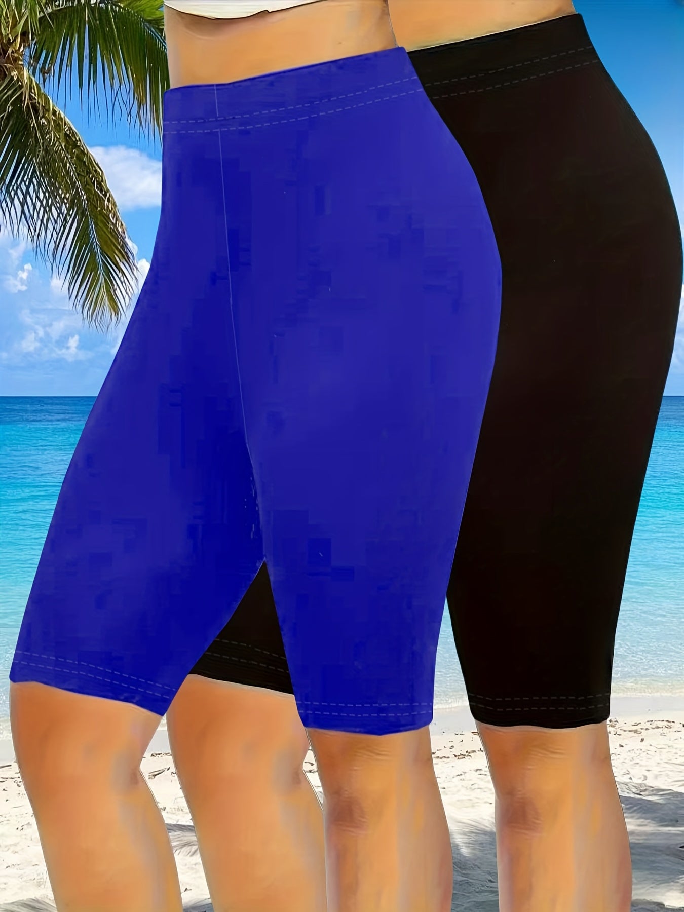 Women's Plus Size High-Waisted Stretch Athletic Shorts Solid Color Mid-Length Breathable