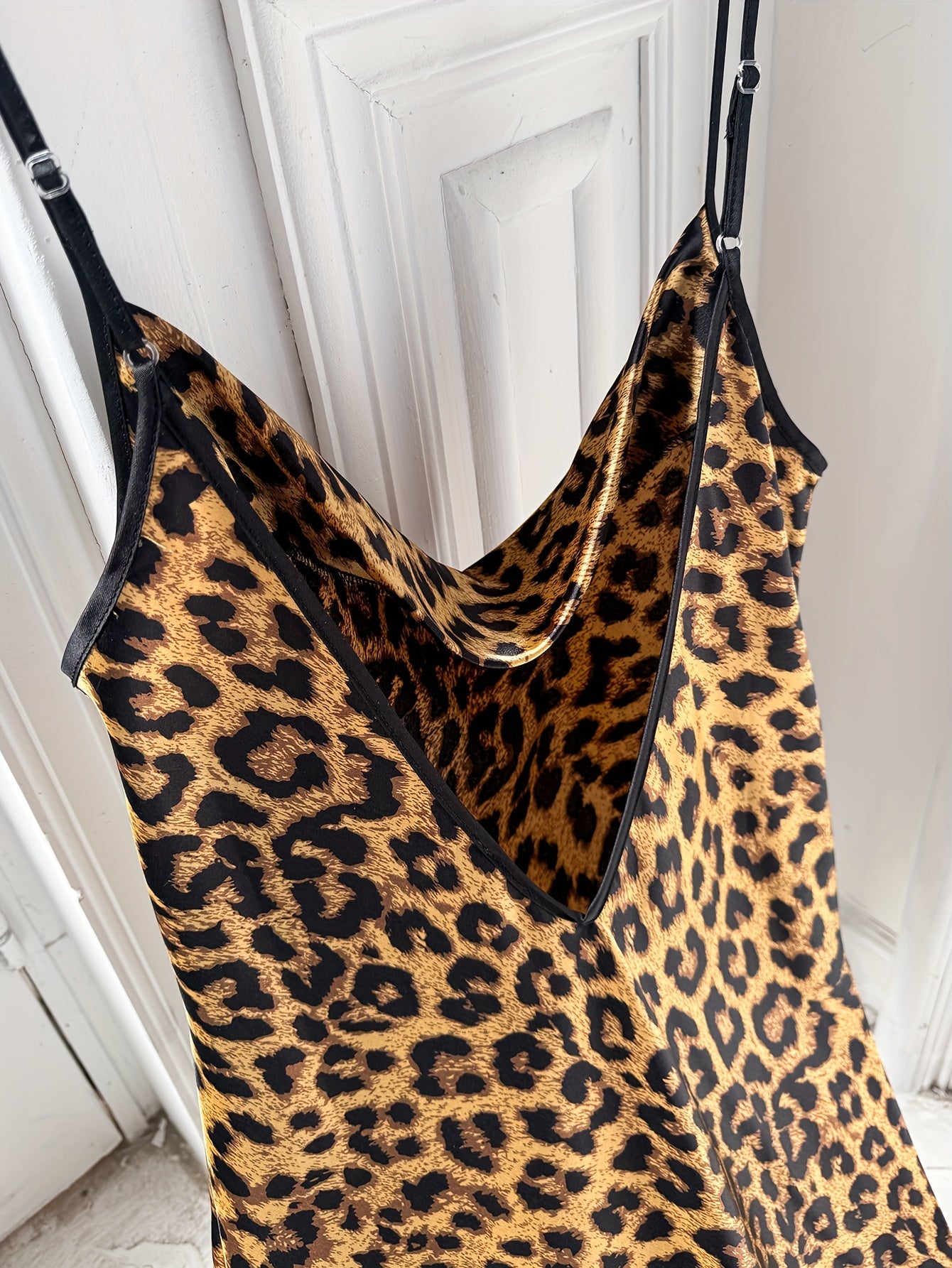 Leopard Print Cowl Neck Nightgown for Women Brown Black Polyester All-Season Sleepwear