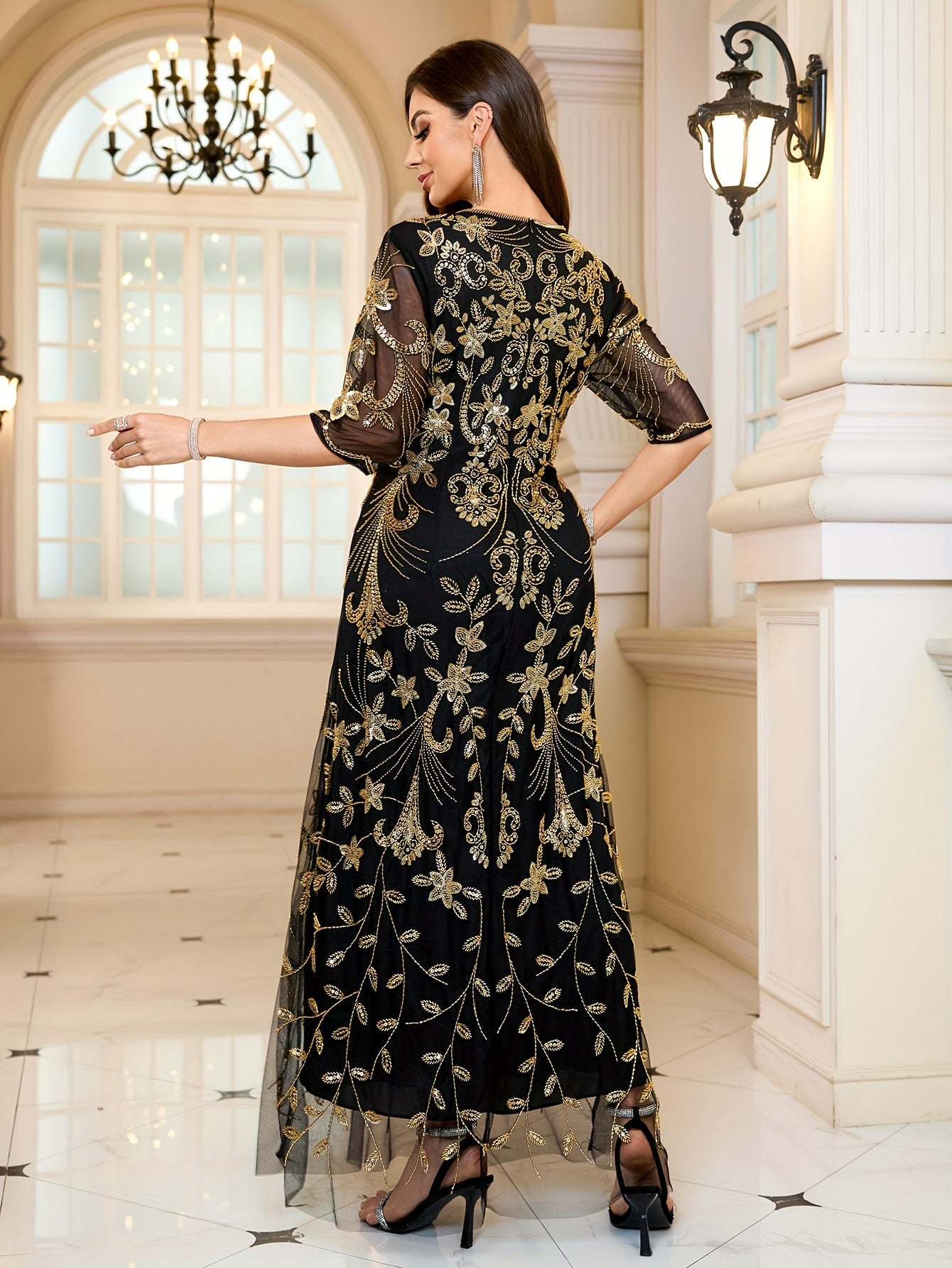 Women's Sequin Beaded Floral Formal Dress Black and Gold for Wedding and Party