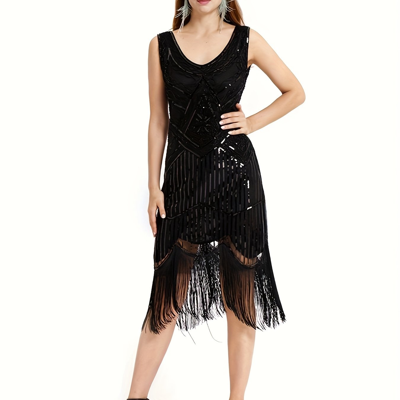 Women's Beaded V-Neck Sleeveless Wedding Dress Black Geometric Embroidery