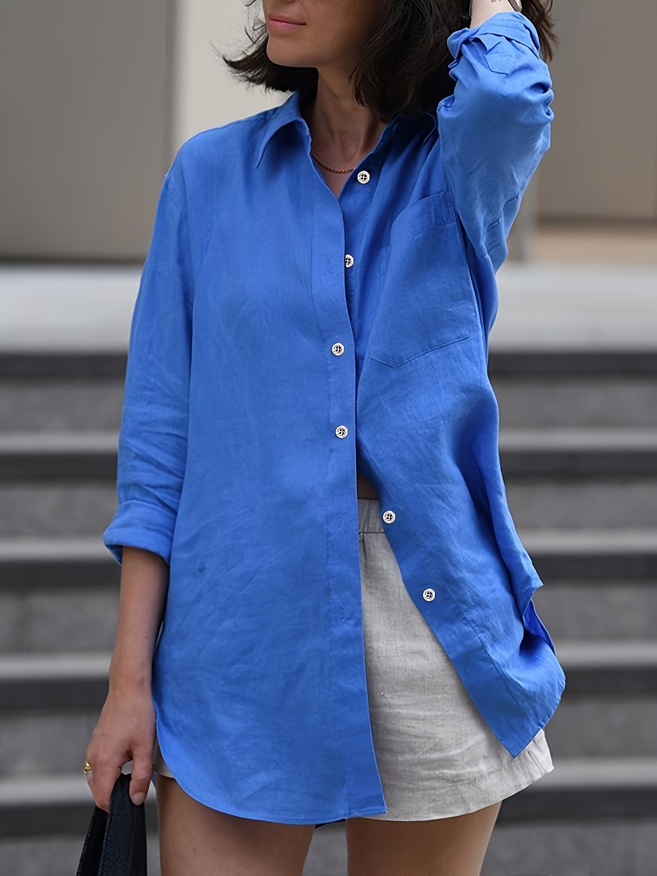 Plus Size Women Solid Color Button-Up Shirt Casual Dressy Top