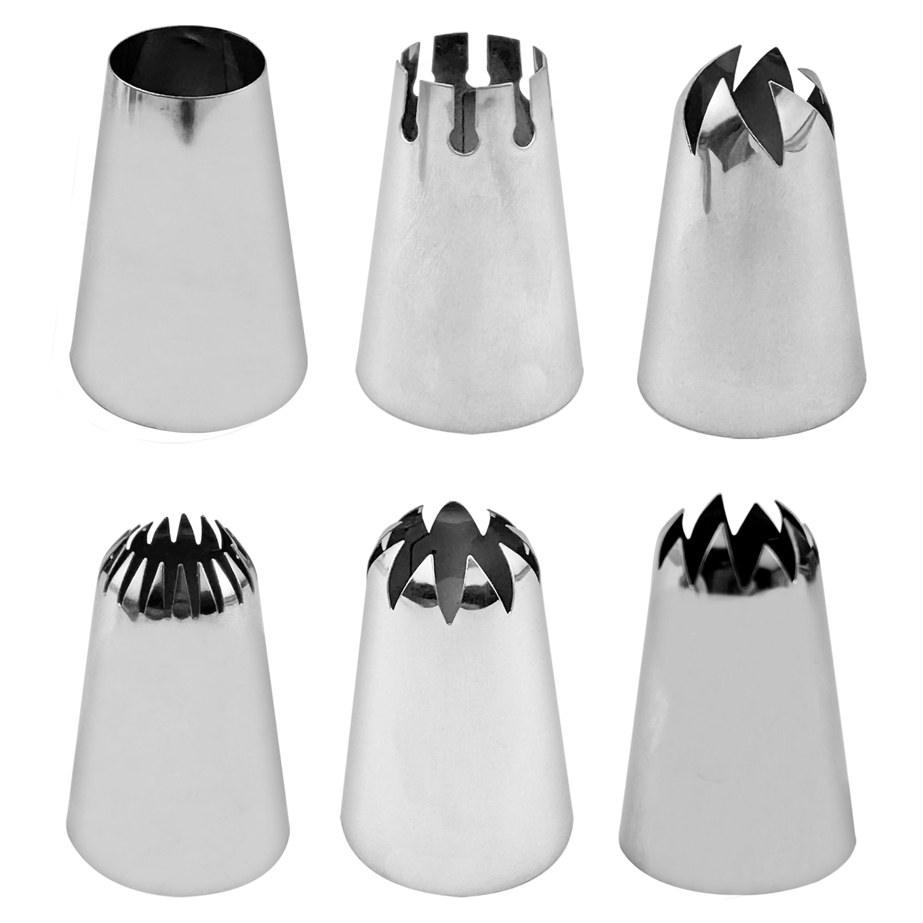 Set of 6 Large Stainless Steel Icing Piping Nozzles for Cake and Cookie Decorating