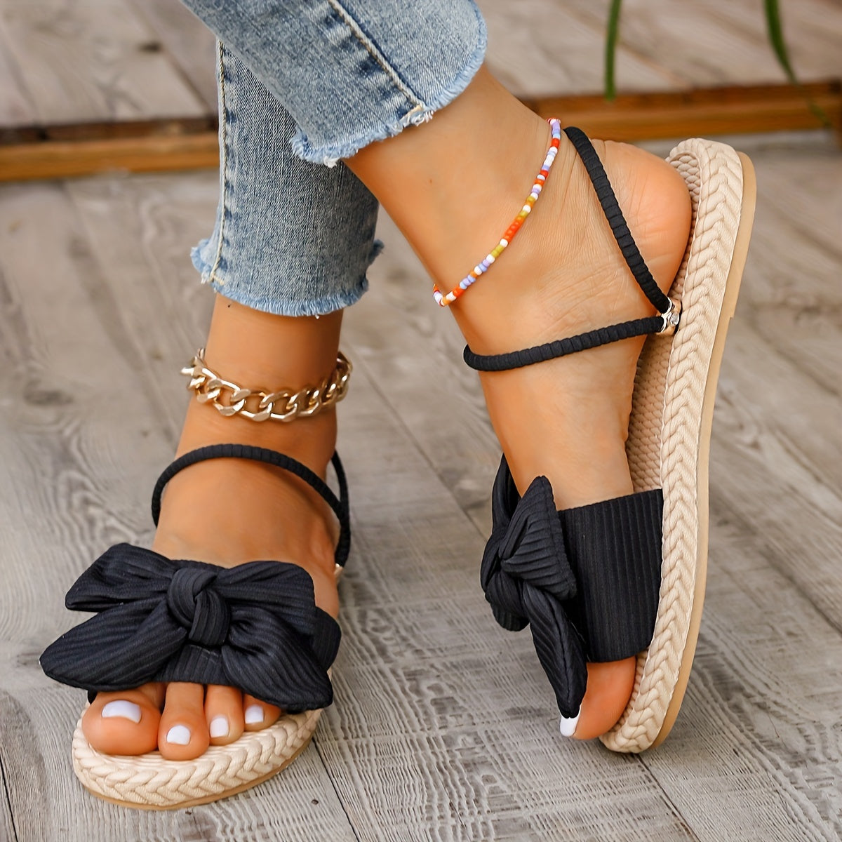 Women's Faux Leather Bowknot Decor Slide Sandals Casual Open Toe Flat Summer Shoes