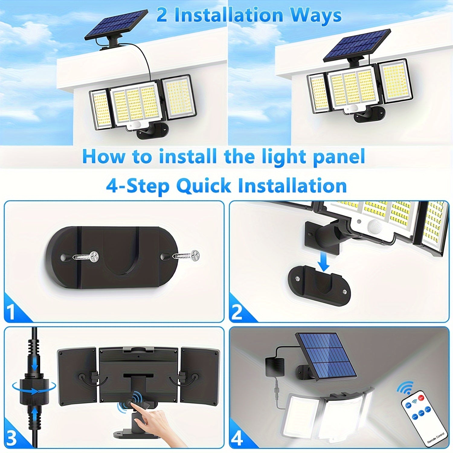 348 LED quyosh energiyali harakat sensorli devor chiroqi, sozlanadigan boshlar va 3 yoritish rejimi bilan