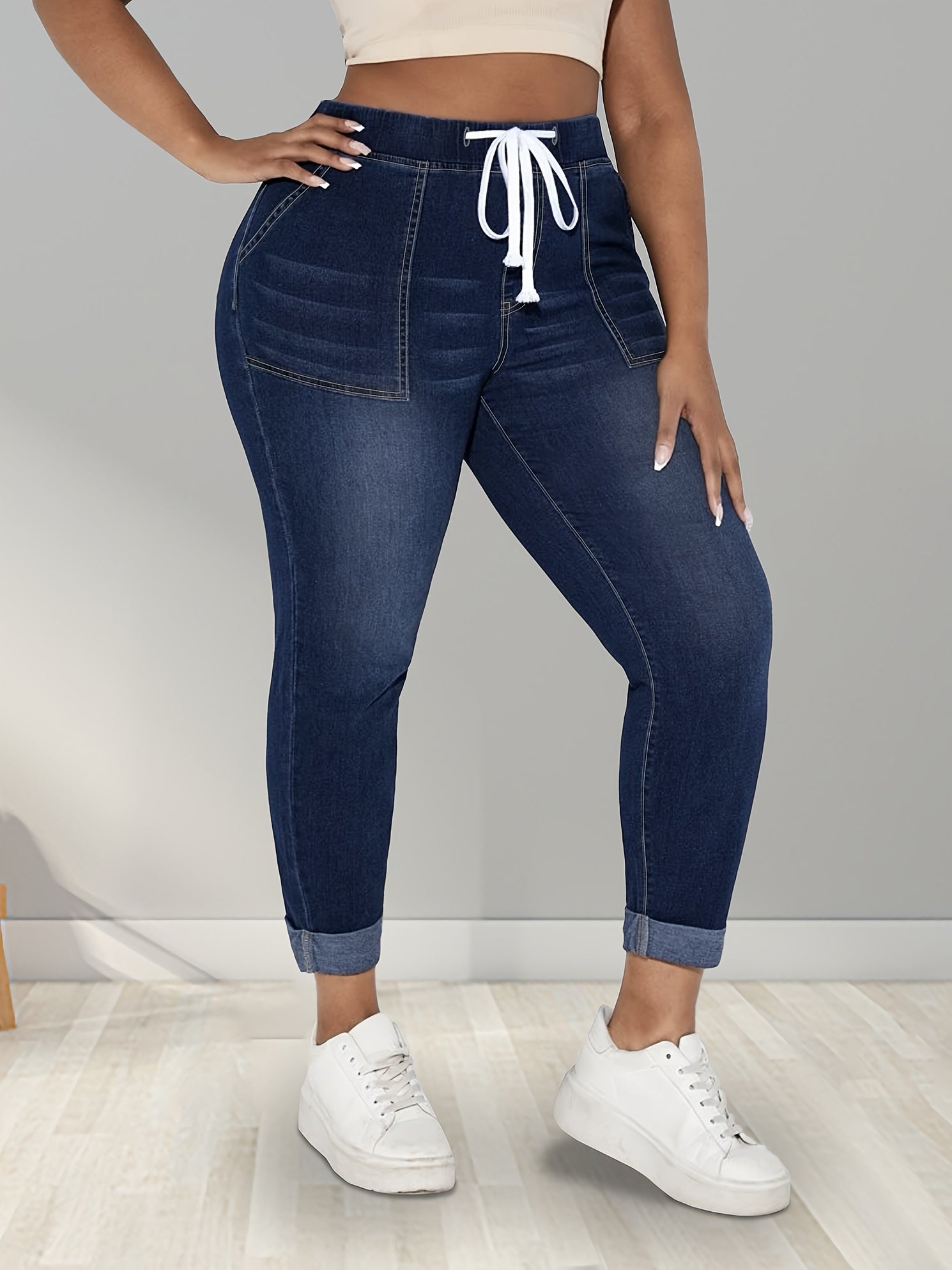 Women's Plus Size High Stretch Skinny Jeans with Roll-Up Hem and Pockets