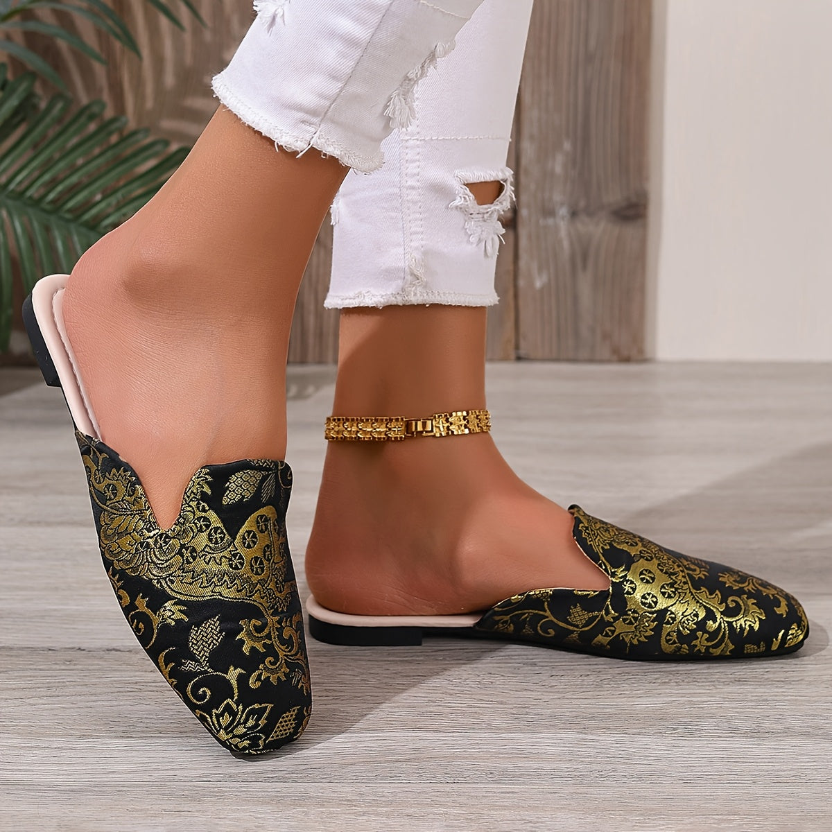 Women’s Black Embroidered Flat Shoes with Golden Floral Pattern Summer Slip-Ons