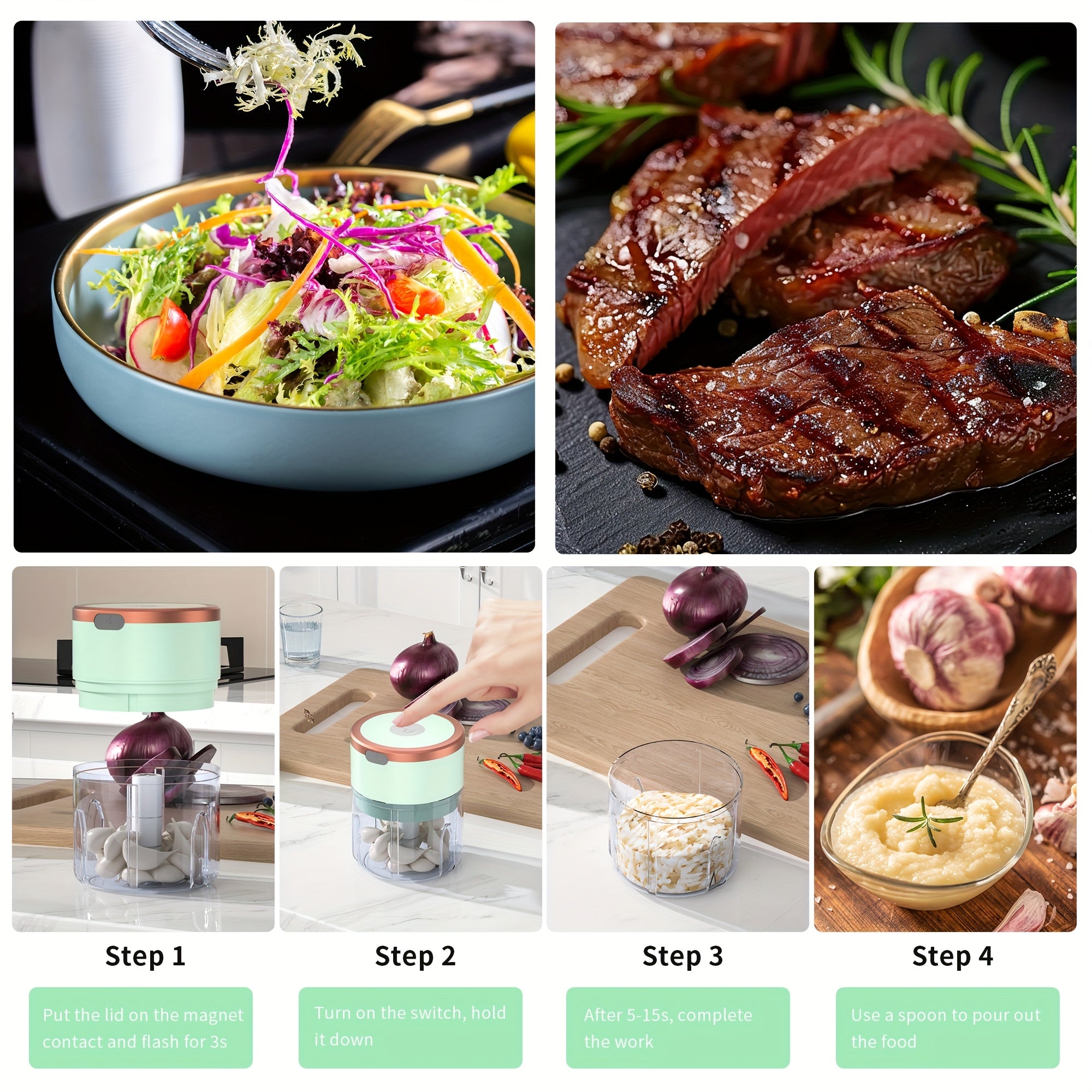 Мини-кухонный комбайн-блендер с двойными лезвиями, портативный, перезаряжаемый, для овощей, фруктов, мяса, имбиря, чили