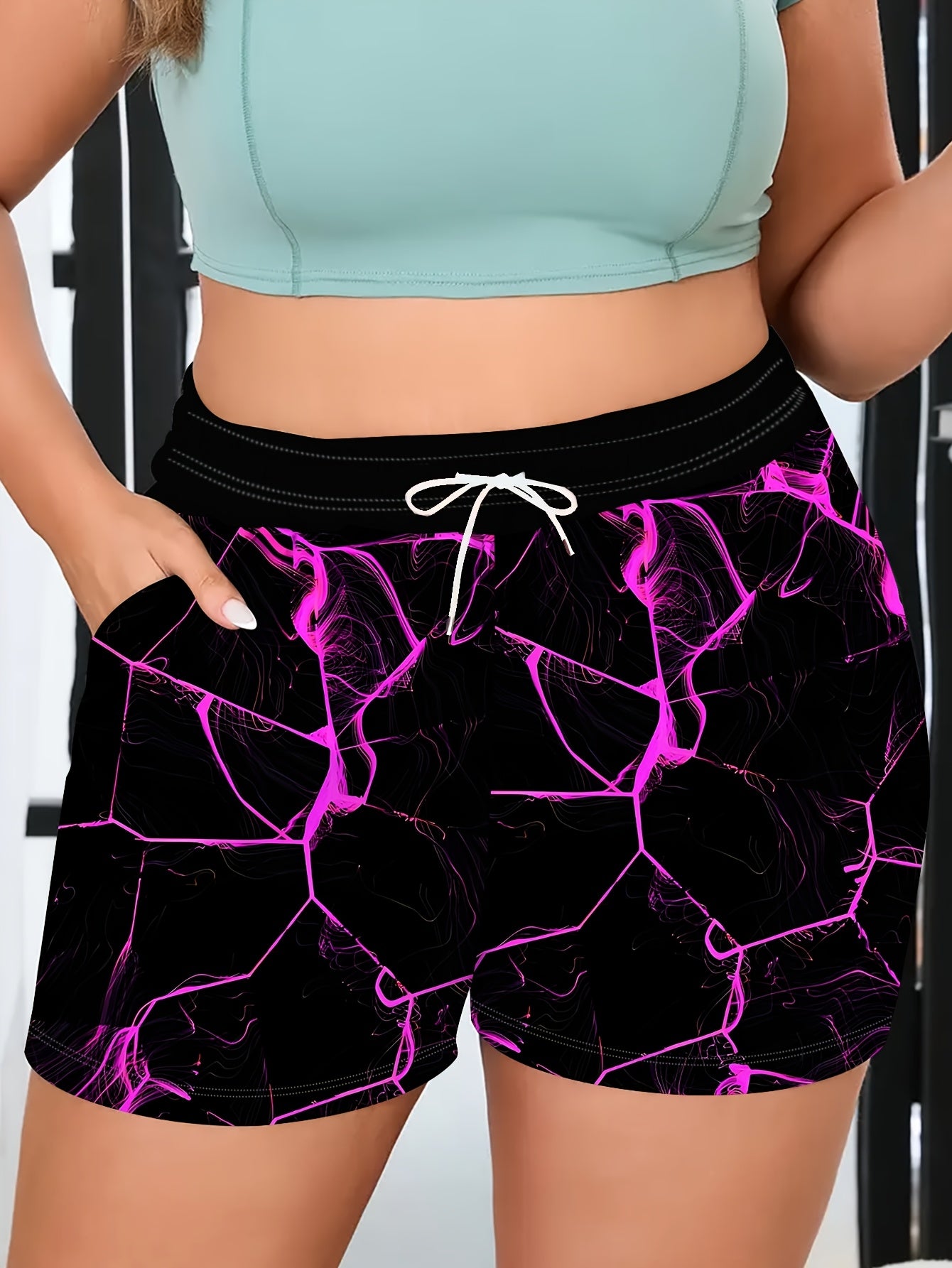 Plus Size Women's Athletic Shorts with Pockets and Drawstring Purple Floral