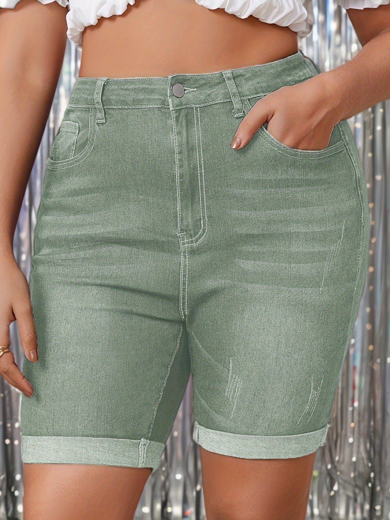 Plus Size Olive Green Stretch Denim Mid-Thigh Shorts Casual Summer Pockets